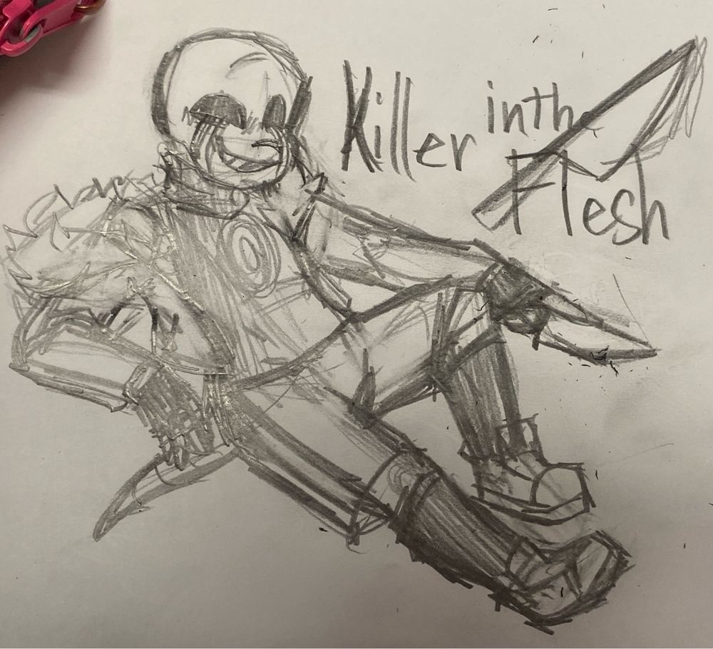 Killer sans laid back with a knife in hand the text on the right saying “Killer in the Flesh” with a knife going thoguh it 