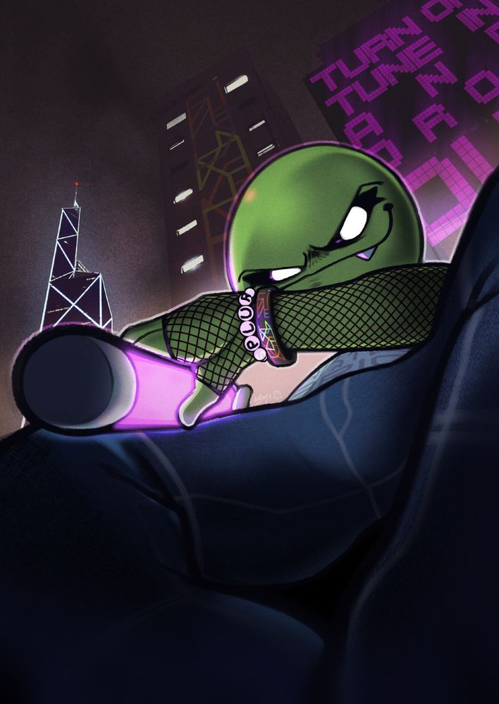 GiGi brandishes her "glowstaff" from above a neon-kissed cityscape.