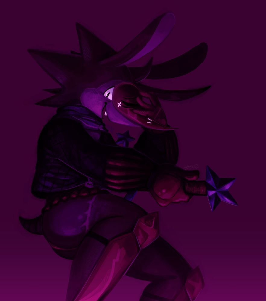 Mule sheathes his sword back into his torso. The blade end uncharacteristically does not exit from his back, as if he is storing it inside of him. As this happens, he peers through his mask, maniacally smiling.