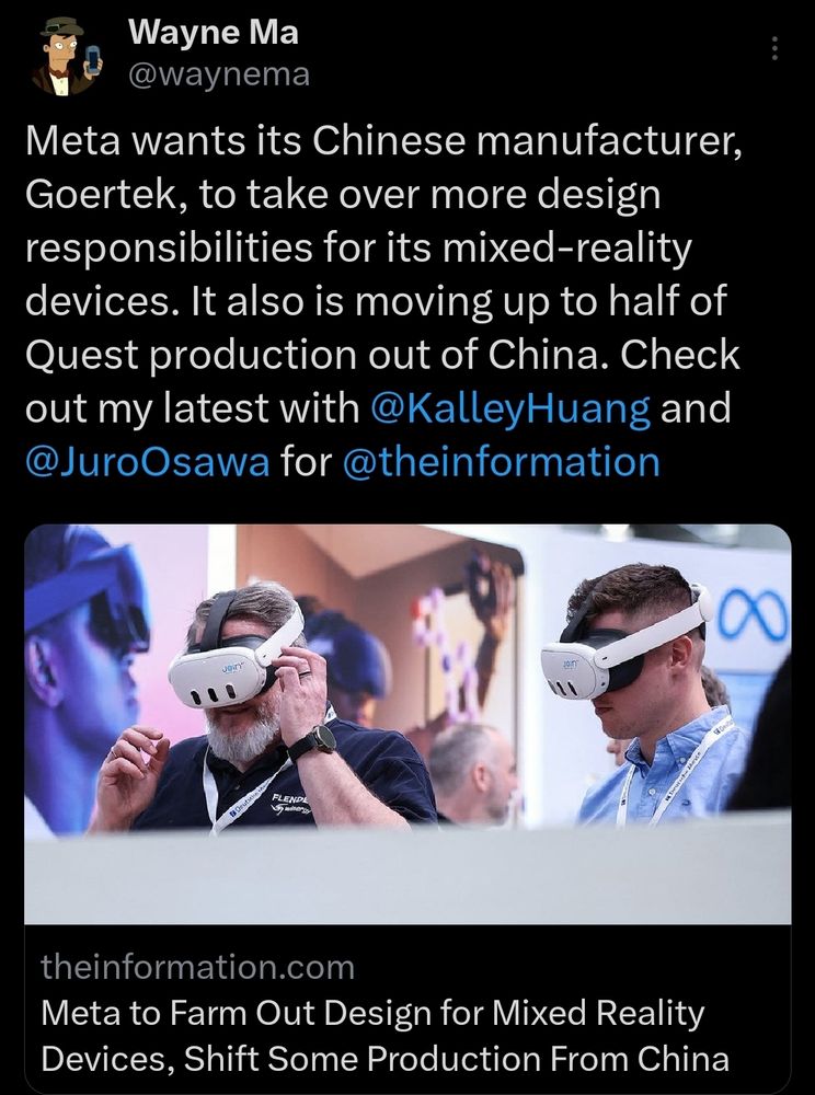Meta wants its Chinese manufacturer, Goertek, to take over more design responsibilities for its mixed-reality devices. It also is moving up to half of Quest production out of China