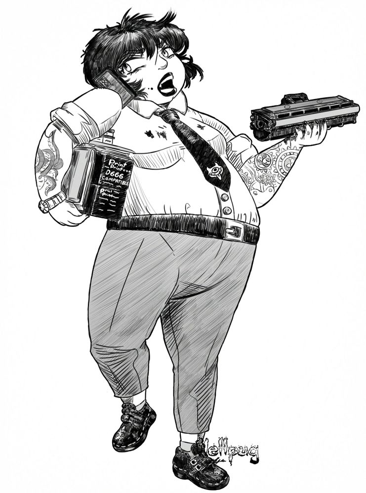 A heavy set woman with a bob haircut dressed in office attire juggling a phone, boxes of ink cartridges while in her left (your right) hand an ink cartridge has leaked on her hand. She has arm sleeve tattoos, one of clockwork gears the other of an octomaid.