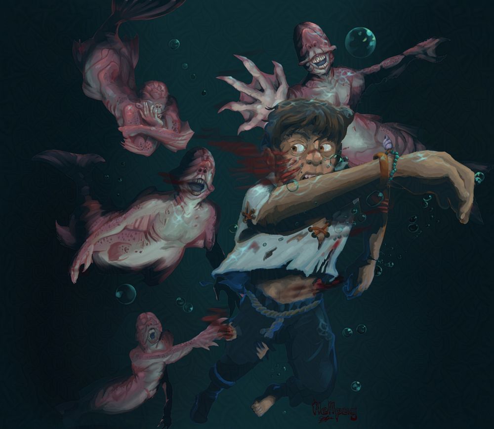 A sailor wearing simple black pants tied with rope and a white shirt is covered in bleeding bite and claw marks. Closing in on him and four mermaids with pale reddish scale skin and rigid heads seemingly with no eyes. They have six fingers and reach out to catch the sailor. The sailor is screaming as he swims, he is not going to make it.