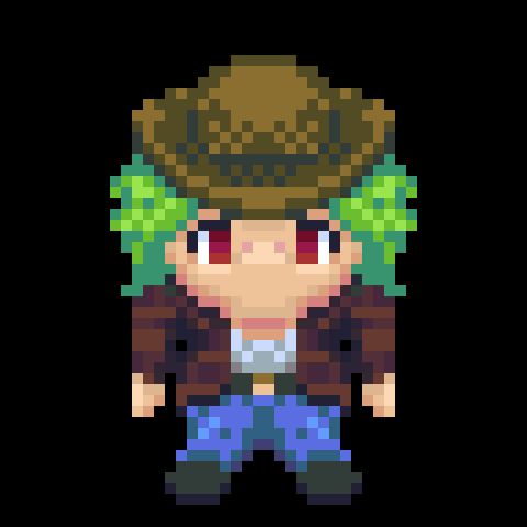A large headed chibi styled pixel art sprite of a green haired farmer