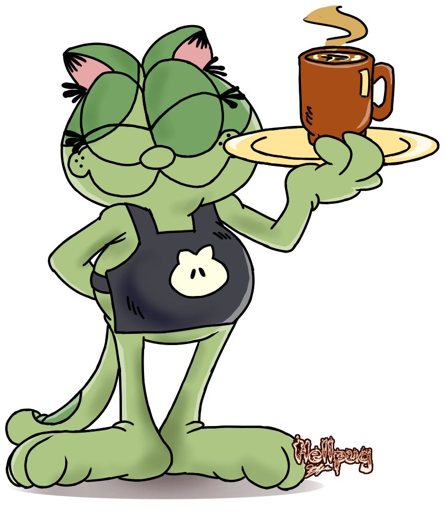 A cartoon cat that looks like a Garfield character but is matcha coloured with a black apron and it holds a hot coffee on a saucer. She looks friendly and happy