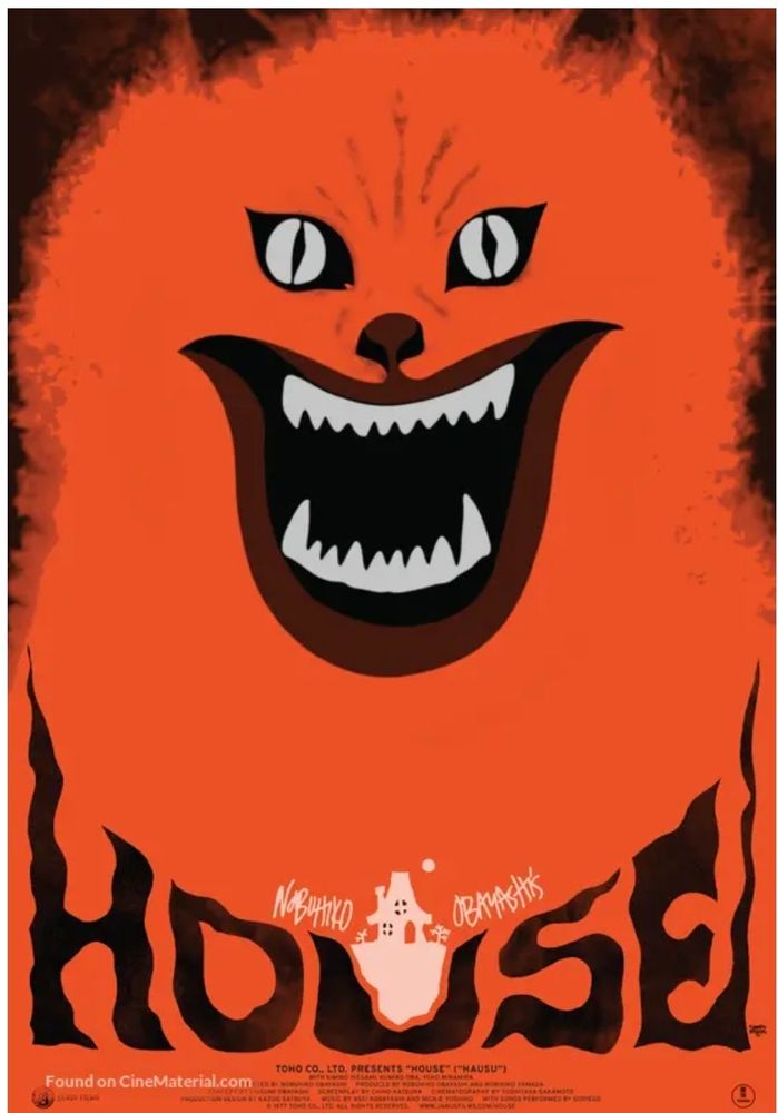 Red, white and black poster for House with giant cat face with large eyes and gaping jaws