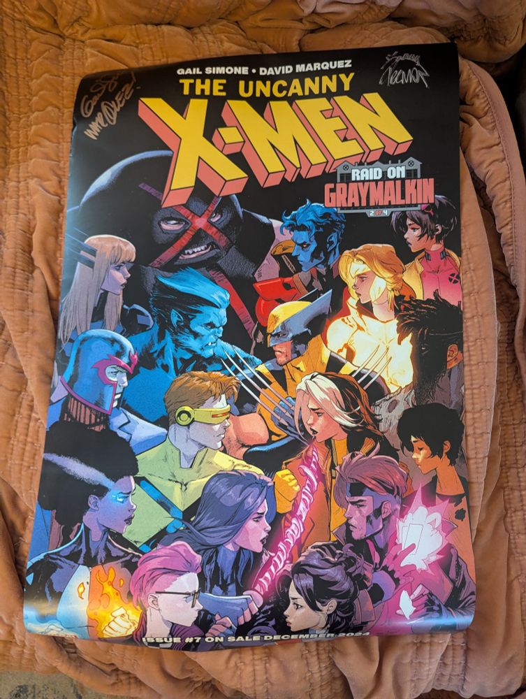 A poster of Uncanny X-Men (2024) #8's Marvel vs Capcom homage variant, signed by Gail Simone, David Marquez, and Ryan Stegman