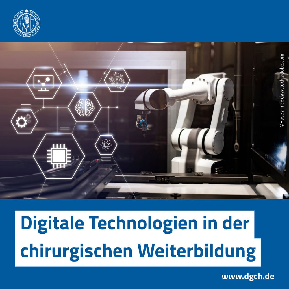 Grafik mit einem Roboterarm im technischen Umfeld, begleitet von futuristischen Symbolen, die Digitalisierung und Technologien wie KI darstellen. Der Text lautet: ‚Digitale Technologien in der chirurgischen Weiterbildung‘. Oben links befindet sich das Logo der Deutschen Gesellschaft für Chirurgie (DGCH). Unten rechts ist die Website www.dgch.de angegeben