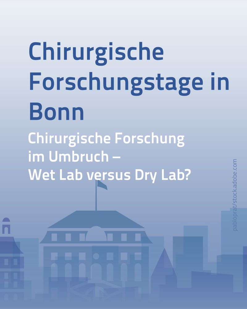 Grafische Darstellung von Gebäuden in Blautönen mit Fahne auf einem Dach; darüber der Text: „Chirurgische Forschungstage in Bonn – Chirurgische Forschung im Umbruch – Wet Lab versus Dry Lab?“.
