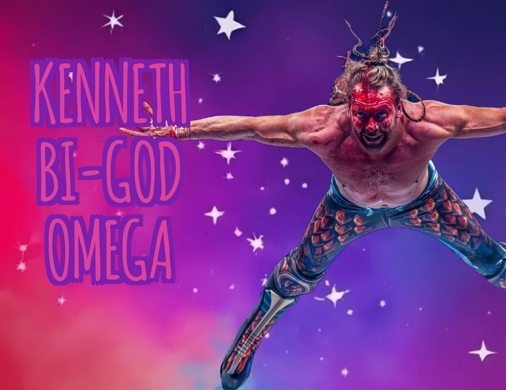 Image says "Kenneth Bi-God Omega" in bi pride color letters with an image of Kenny Omega diving, and a bi pride color backdrop that is blending colors into a night sky with stars.