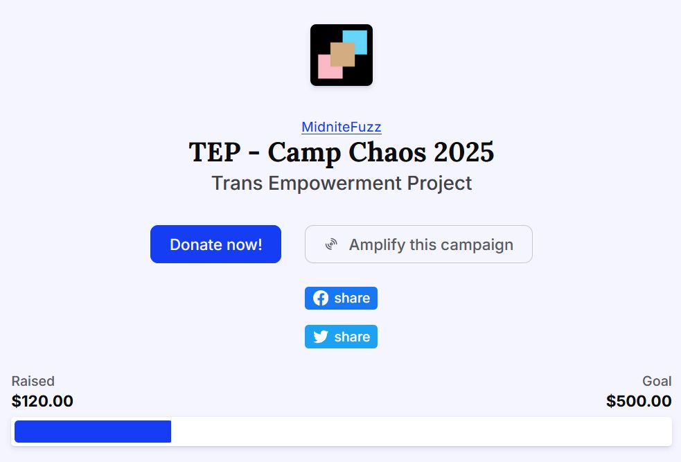 A screenshot of MidniteFuzz's fundraising totals for Trans Empowerment Project. So far, MidniteFuzz's community has raised $120 of his $500 goal.