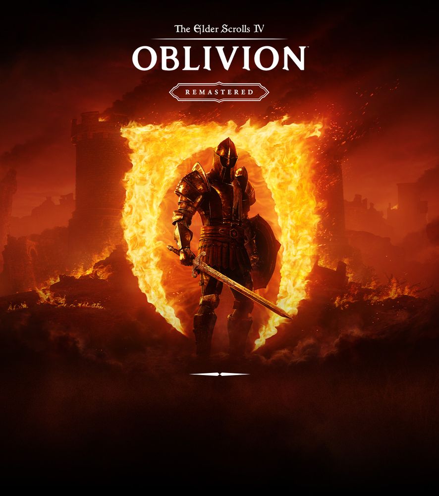 Key art for The Elder Scrolls IV: Oblivion Remastered. A faceless knight in armor, wield a sword and shield, stands in front of a burning symbol.