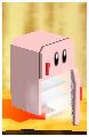 A snip from the Nintendo 64 game Kirby 64: The Crystal Shards of Kirby transformed into a top-freezer refrigerator by combining Ice and Spark abilities. The fridge door is open with a light glowing from inside the fridge.