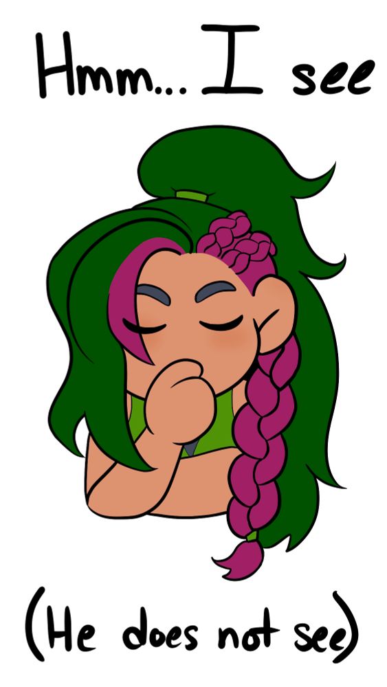 A chibi character with green hair and a shock of magenta and a magenta braid, holding a hand to his mouth in a contemplative closed-eyes expression. A caption says "Hmm... I see. Parentheses: He does not see"