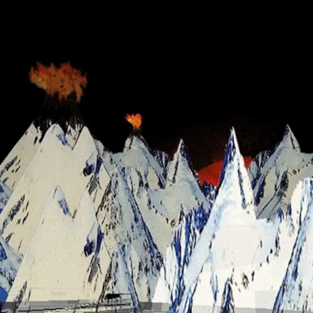 a painting of snowy mountains with a fire coming out of the top