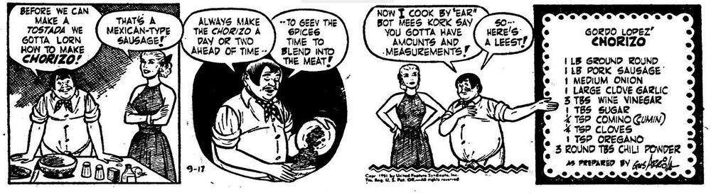 Gordo's Chorizo recipe: 
1 lb ground round
1 lb pork sausage
1 medium onion
3 tbsp wine vinegar
1 clove garlic
1 tbsp sugar
1/4 tsp cumin
1/4 tsp cloves
1 tsp oregano
3 tbsp chili powder
