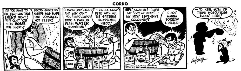 Gordo is setting up one of his famous strong-smelling baths. Pepito borrows a little bathwater to knock out pesty mosquitos