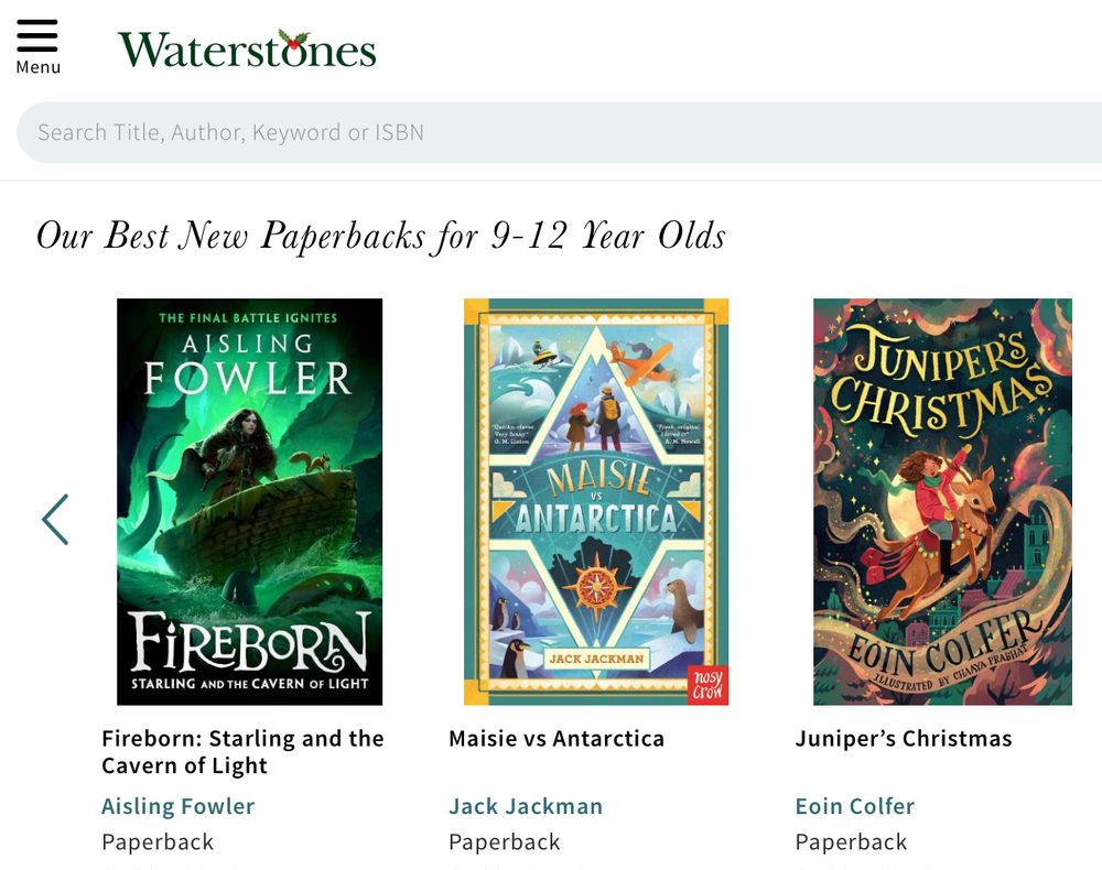 A screenshot of a webpage from Waterstones. Three books are shown. The middle one is Maisie vs Antarctica. 