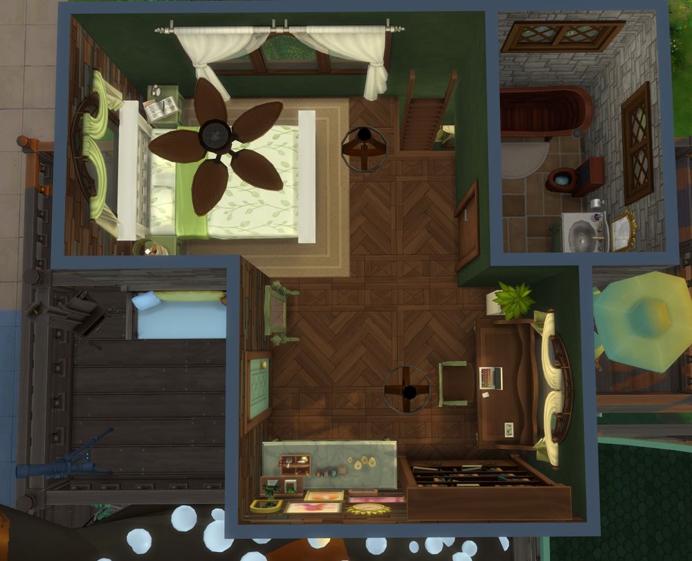 The bedroom of the house is on the second floor above the main living area. The main bathroom is attached. There is a balcony next to the dresser and it has a bench, easel, and telescope. 