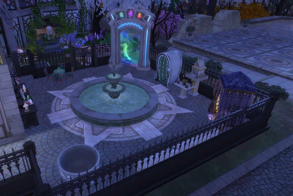 The courtyard of the shop with a fountain, cauldron, tarot tent, and portals to the magic realm and alien world sixam.
