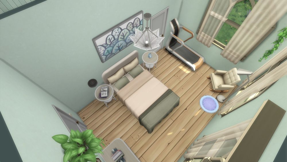 The primary bedroom in mostly green. A few plants, a reading chair, a pet bed, and a treadmill.