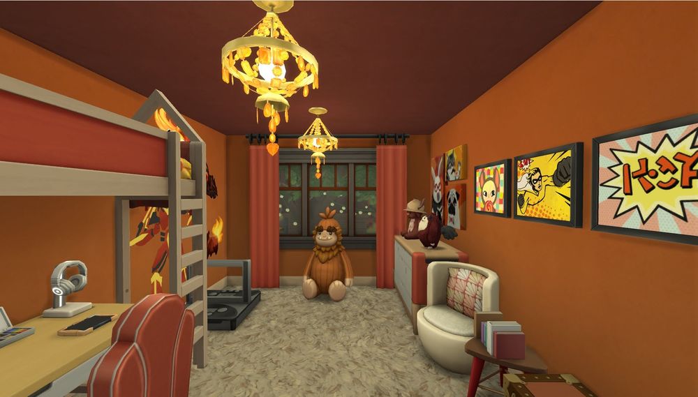 View from the doorway of a red and orange 5x4 kids room. Plush beige carpet with orange walls and red ceiling with two yellow and orange chandeliers. To the left there is a light wood bunk bed thay had red bedding with a desk below. The desk has a tablet, friendship bracelet kit, and a red chair. On the back wall there is a 3 tile window with red curtains that has a large stuffed animal in front. On the back end of the right wall there is a dresser with stuffed animals. Next to the dresser there is a chair with a side table and books. On the right wall near the doorway there is a toy chest. The left wall on the back has voidcritter decals with a void critter station in front. 