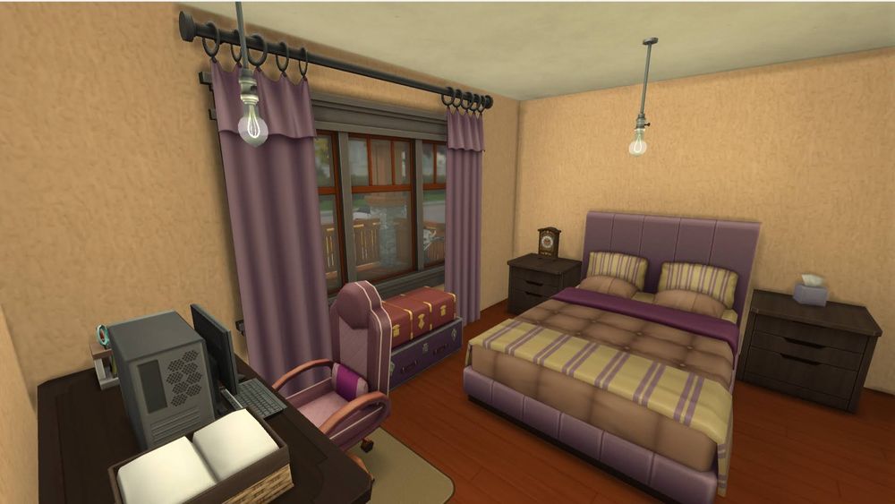 A view from the doorway of a 5x4 tile bedroom. I designed as the house guest room. the room is beige with a purple and tan bed. The side table to the left has a clock, and the side table to the right has a tissue box. There is a 3 tile wide window with purple curtains that match the bed. There is a dark brown desk and purple chair, with a computer, next to the doorway. 