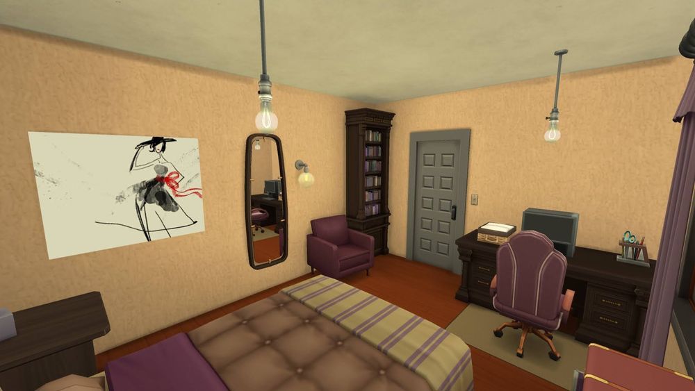 A view from the back corner of a 5x4 tile bedroom. From this angle you can see a painting on left wall next to a mirror and wall light. The wall light is also over a purple chair that has a bookcases on the other side of it. This also shows another angle of the dark brown desk and purple chair, with a computer, next to the doorway. 