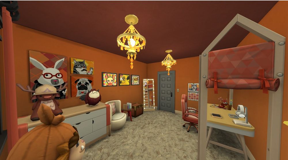 View from the back left corner of a red and orange 5x4 kids room. From this view there is are visible paintings above the dresser as well as above the reading chair and books. There is also an upright mirror next to the door, and a calender next to the desk. 