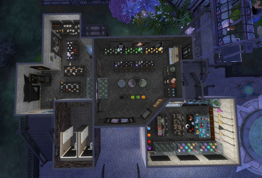 The first floor showing the main shop, plus special shop rooms for werewolves and spellcasters.