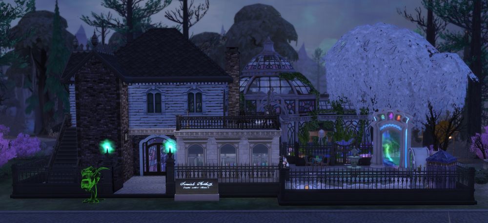 The front of the Occult shop with a ghost cowplant in front, a courtyard to the right, and a greenhouse behind.