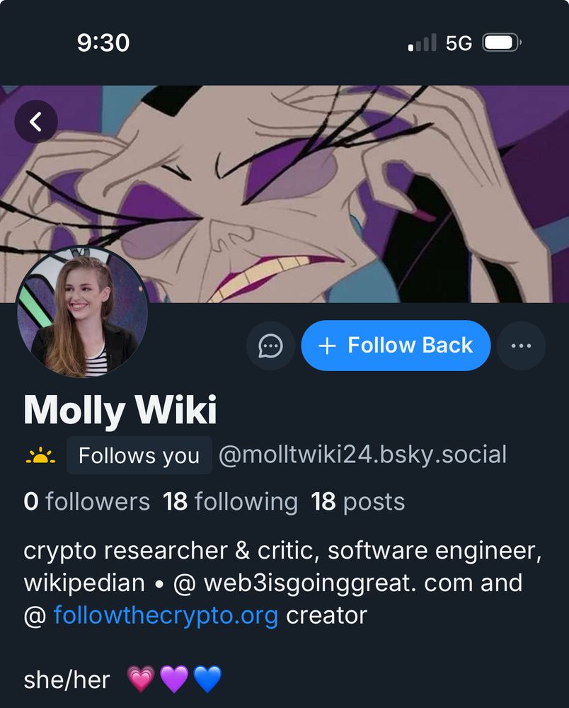 A Molly White impersonator account with the handle molltwiki24@bsky.social