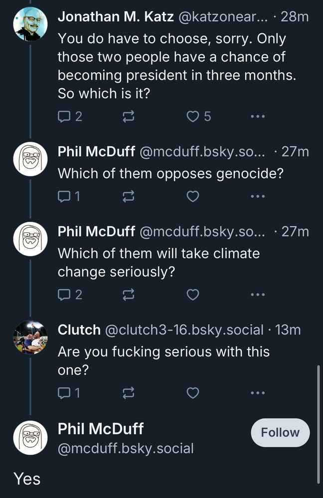 Bluesky exchange with an internet leftist pretending that Kamala Harris and Donald Trump would be the same on climate change issues.