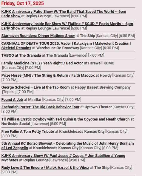 Image displaying a list of event flyers for various performances and shows happening on Friday, November 17, 2025. Events include live music, poetry readings, and comedy shows at venues such as Kansas City Museum, Replay Lounge, and Uptown Theater.