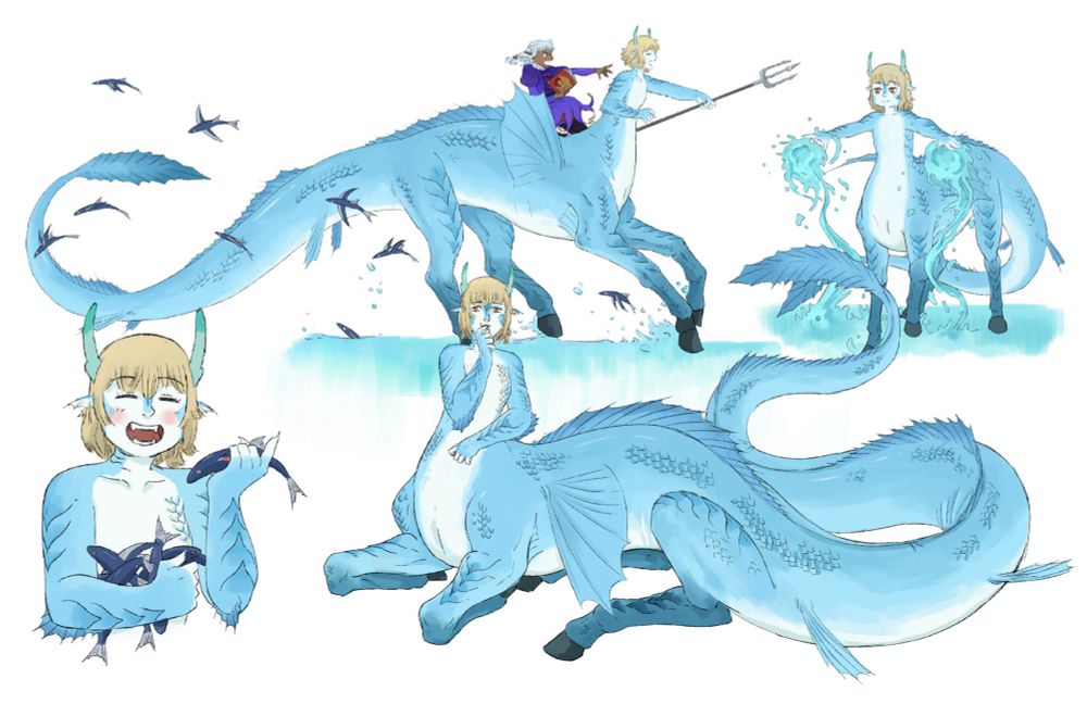 Falin fanart from Delicious in Dungeon, but instead of a red dragon chimera, she has qualities of a kelpie and sea serpent. She runs on top of water with Sissel on her back, holds bladefish in her arms, and controls water with ease.