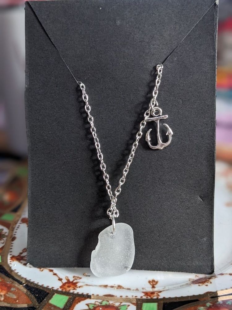 silver necklace with seaglass and anchor charm