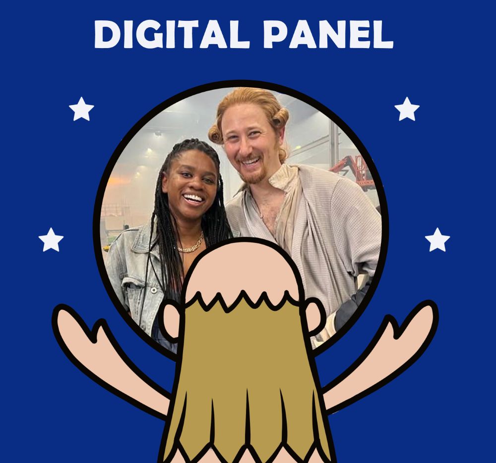 A square dark blue image with a cartoony doodle of Buttons from OFMD from the back, waist up, arms spread, the circle of the moon around his head. A photograph of Alyssa Lane and Alex Sherman is contained inside the moon. White text across the top of the image reads Digital Panel. There are two white stars on either side of the moon.