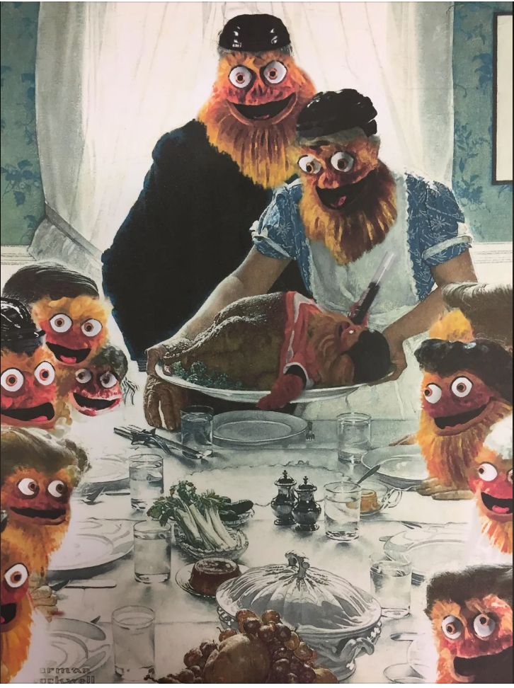 Norman Rockwell depiction of Thanksgiving dinner modified so that all humans around the table are Gritty and the turkey on the platter which the mother is placing on the table is also Gritty.