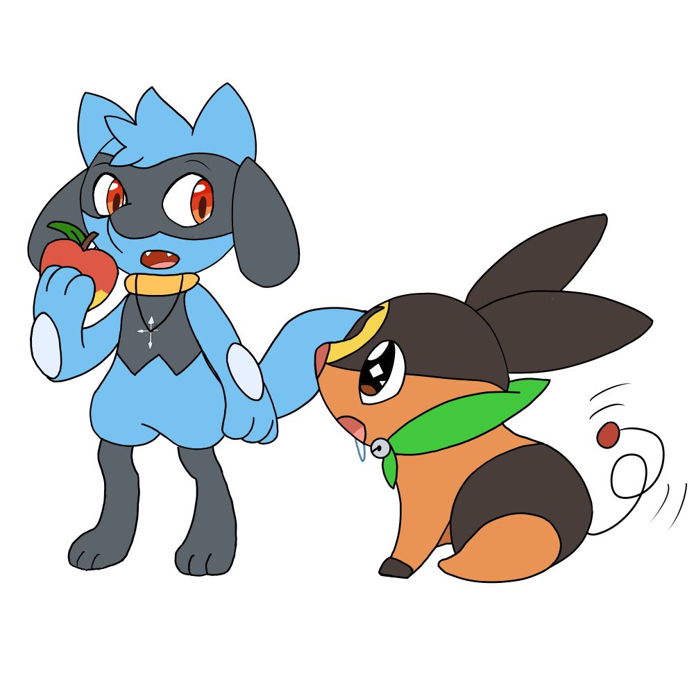 Lumen the Riolu (Left) and Burst the Tepig (Right) from the comic "The Human Connection", by BlueEnergyCat. Lumen is holding an apple, about to take a bite, when he noticed his teammate, Burst, looking up at him hungrily at the last apple.