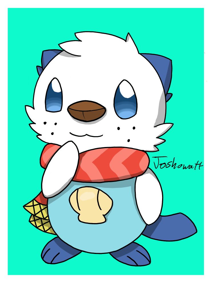 Joshowatt's Oshawott Pokésona. They have blue eyes, additional tufts of fur on the top of their head and on their face, and behind their ears. He's wearing a red striped scarf, with a yellow trim at the end. 
