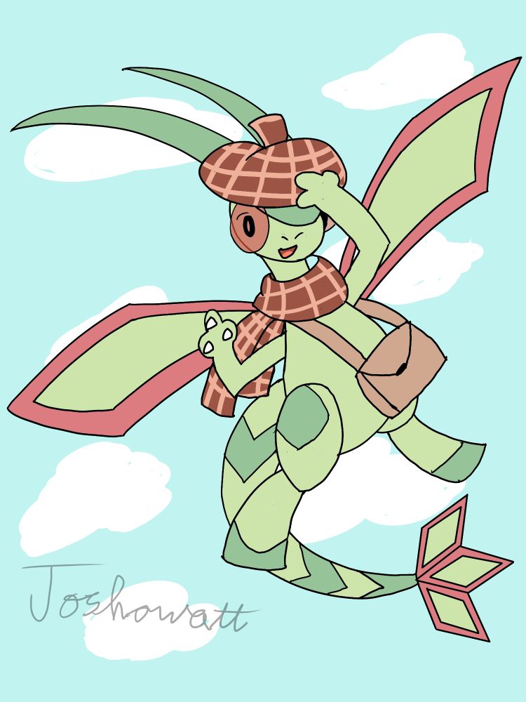 TheGreatWorlder's Flygon, Reginald, flying high in the sky! They're holding onto their hat with one claw, They're also wearing a hat and bag, as they pause in the air as the wind blows. 

Drawn by Joshowatt