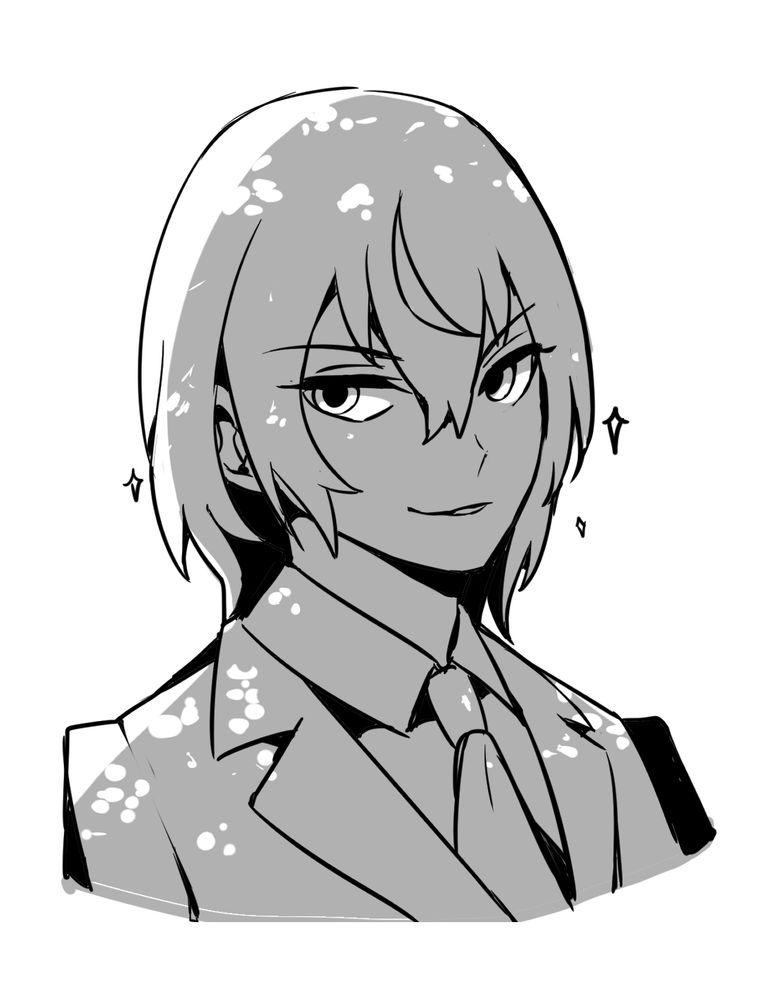 Black and Gray portrait sketch of Akechi Goro in detective prince-mode with a smile and sparkles