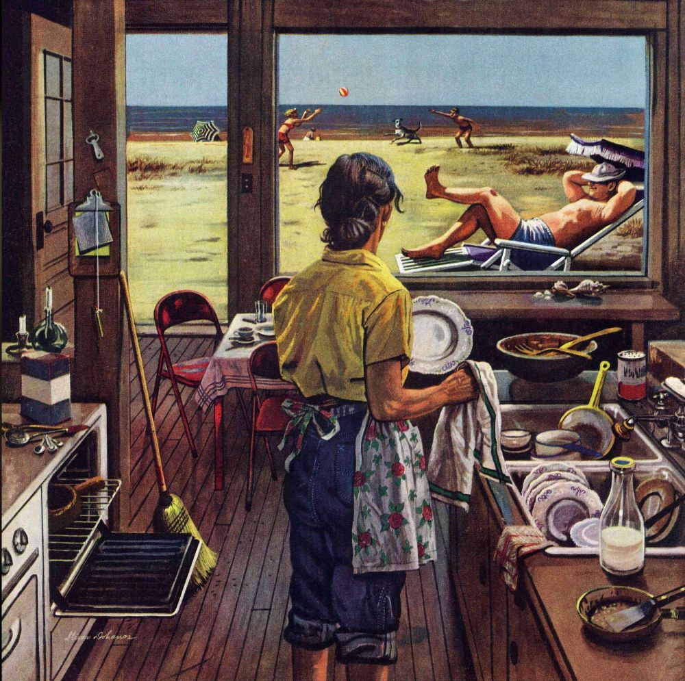 Doing Dishes at the Beach by Stevan Dohanos, a painting made in 1952. It depicts a woman in the foreground inside a kitchen, with dishes piled high in the sink, and a mess all around her -- the oven is open, milk sits out, a dirty pan on the counter beside it. The woman wears a yellow shirt and an apron, and she has her back to the window, gazing out a large picture window. A man (presumably her husband) relaxes on the beach outside, while further in the distance, two children toss a beach ball with a dog.