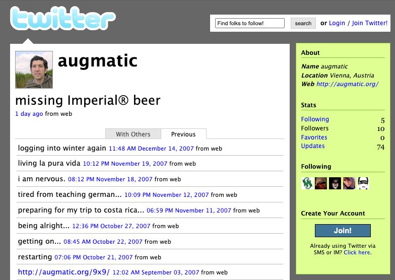 Screenshot of twitter.com/augmatic anno December 18, 2007 showing my Profile back then.