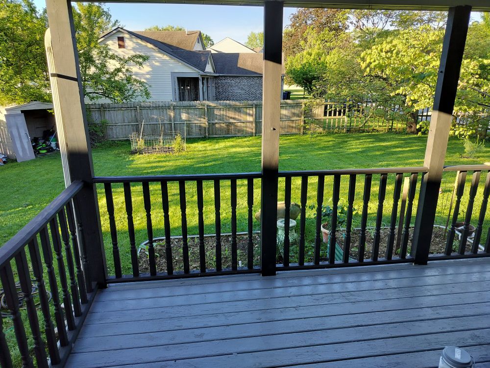 Newly painted porch in morning light.
