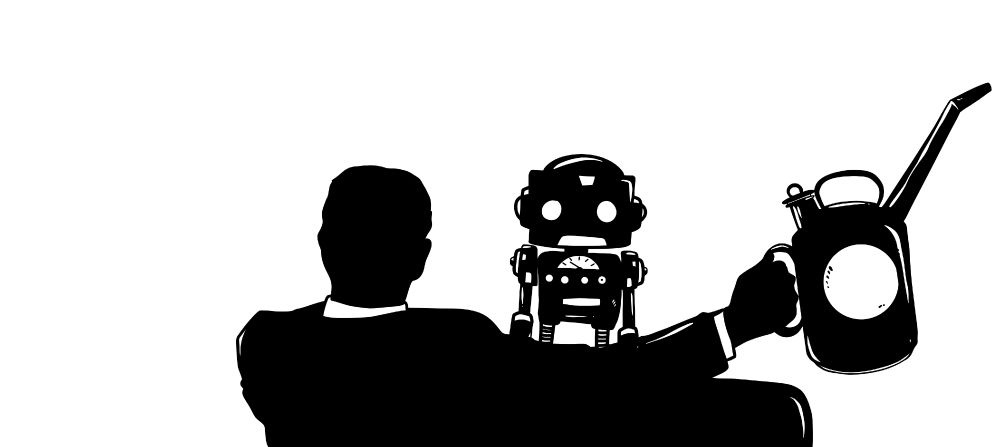 A seated man offering a can of oil to a robot.