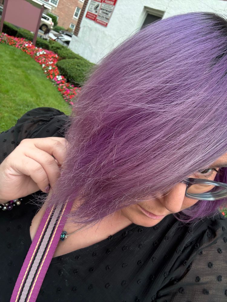 Photo of TJ’s hair, which is a dark blackish brown at the roots, then is a mix of a lighter purple and silvery lavender.