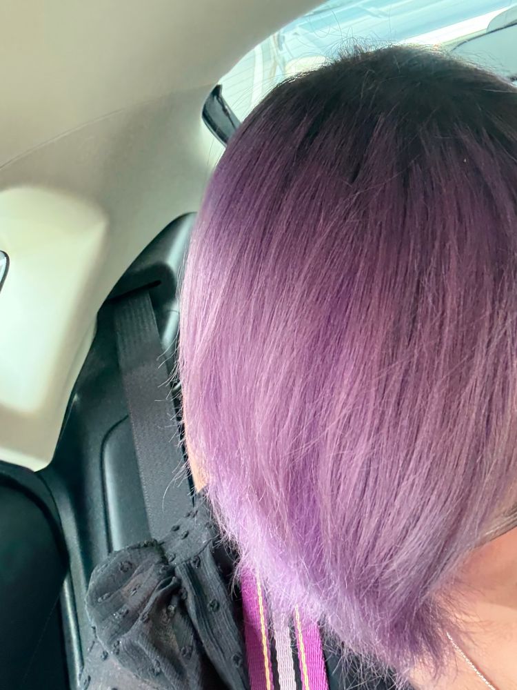 Second photo of TJ’s hair, which is a dark blackish brown at the roots, then is a deep purple that fades into a lighter purple and silvery lavender.