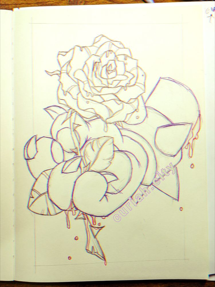 Pencil and ballpoint pen sketch of a monster hand holding a rose. Both are dripping.