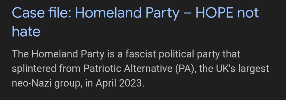 A Google search result showing the Nation and Homeland Party is a fascist political party that splintered from Patriotic Alternative (PA), the UK's largest neo-Nazi group, in April 2023.