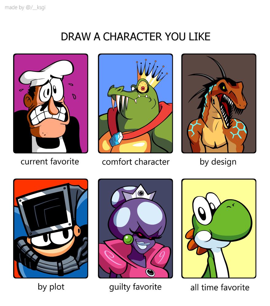 Peppino from Pizza Tower
King K. Rool from Donkey Kong Country
Riptor from Killer Instinct
DustMan from MegaMan 4
Princess Shroob from Mario and Luigi: Partners in Time
Yoshi from Super Mario World